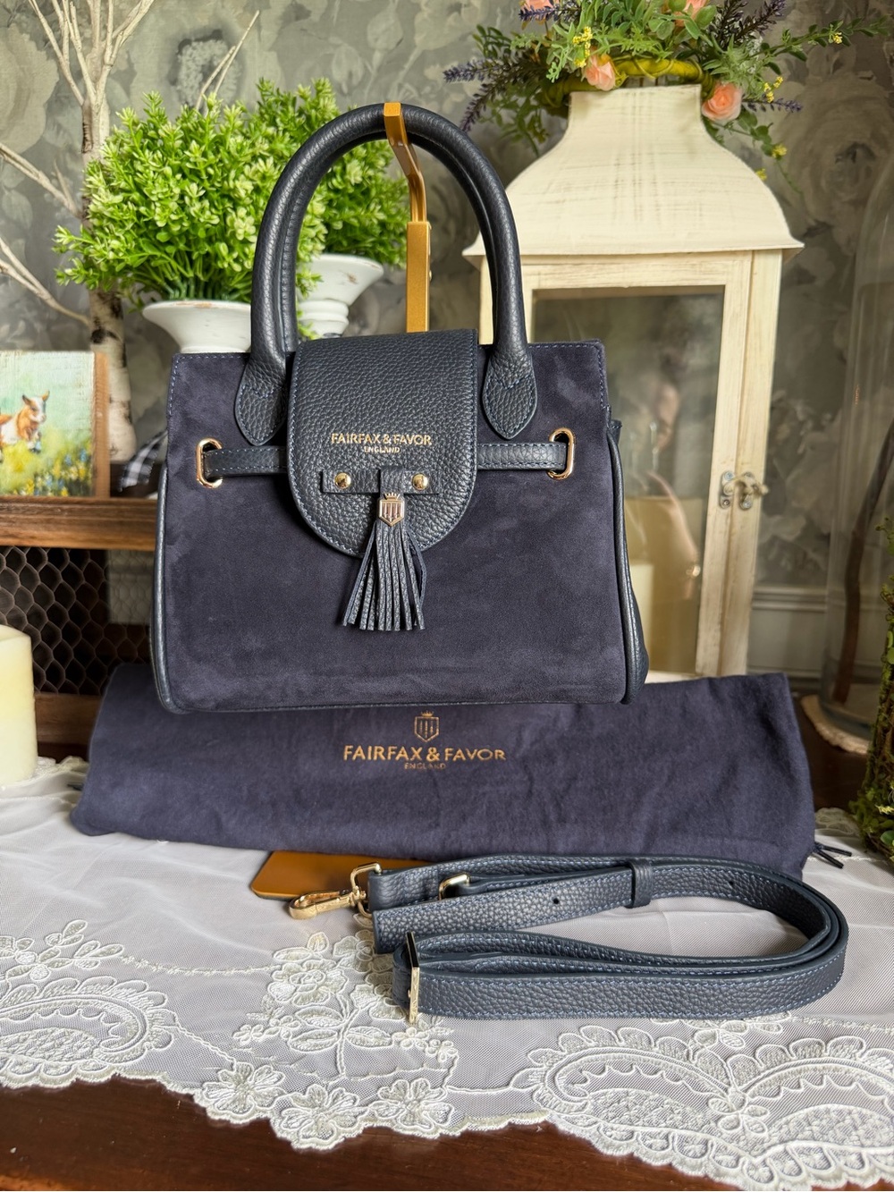 Fairfax & Favor Navy Suede Tassel Satchel Purse Handbag with Leather Trim